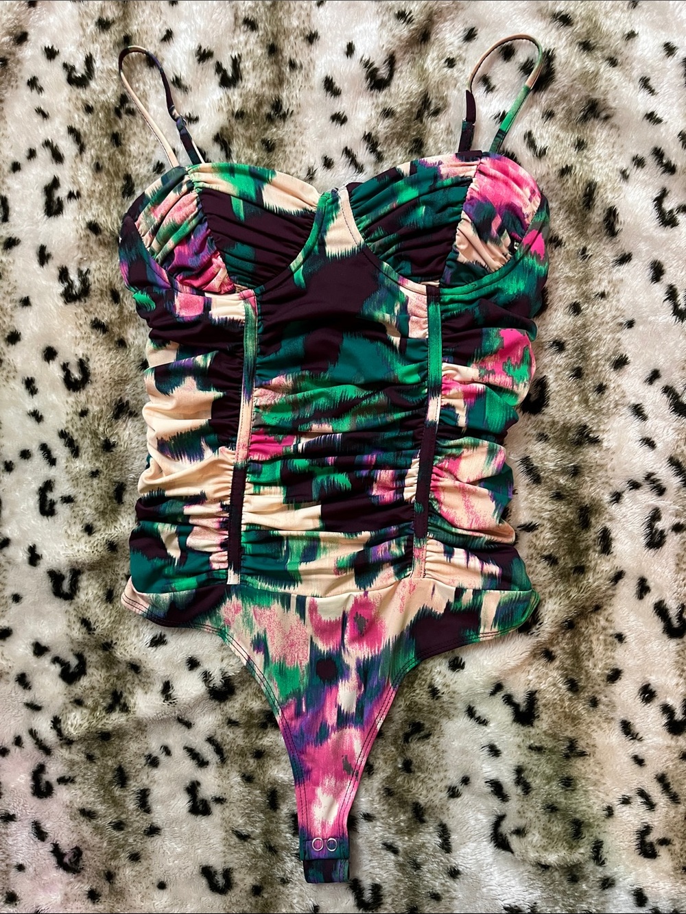 Ruched One-Piece Bodysuit in Pink, Green & Cream
